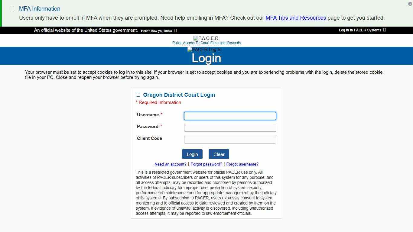 PACER: Login
