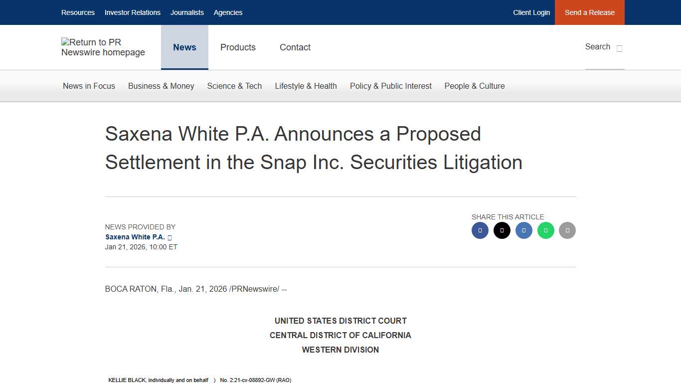 Saxena White P.A. Announces a Proposed Settlement in the Snap Inc. Securities Litigation