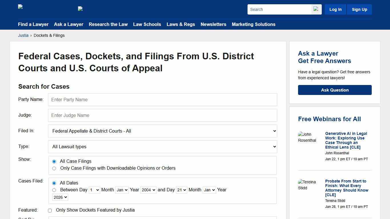 U.S. District Court and U.S. Court of Appeals Cases, Dockets and Filings | Justia Dockets & Filings